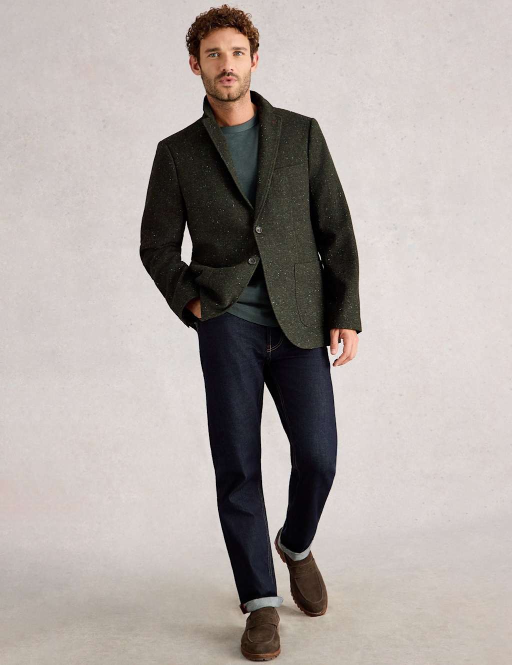 White Stuff Regular Fit Flecked Blazer with Wool Green Mix