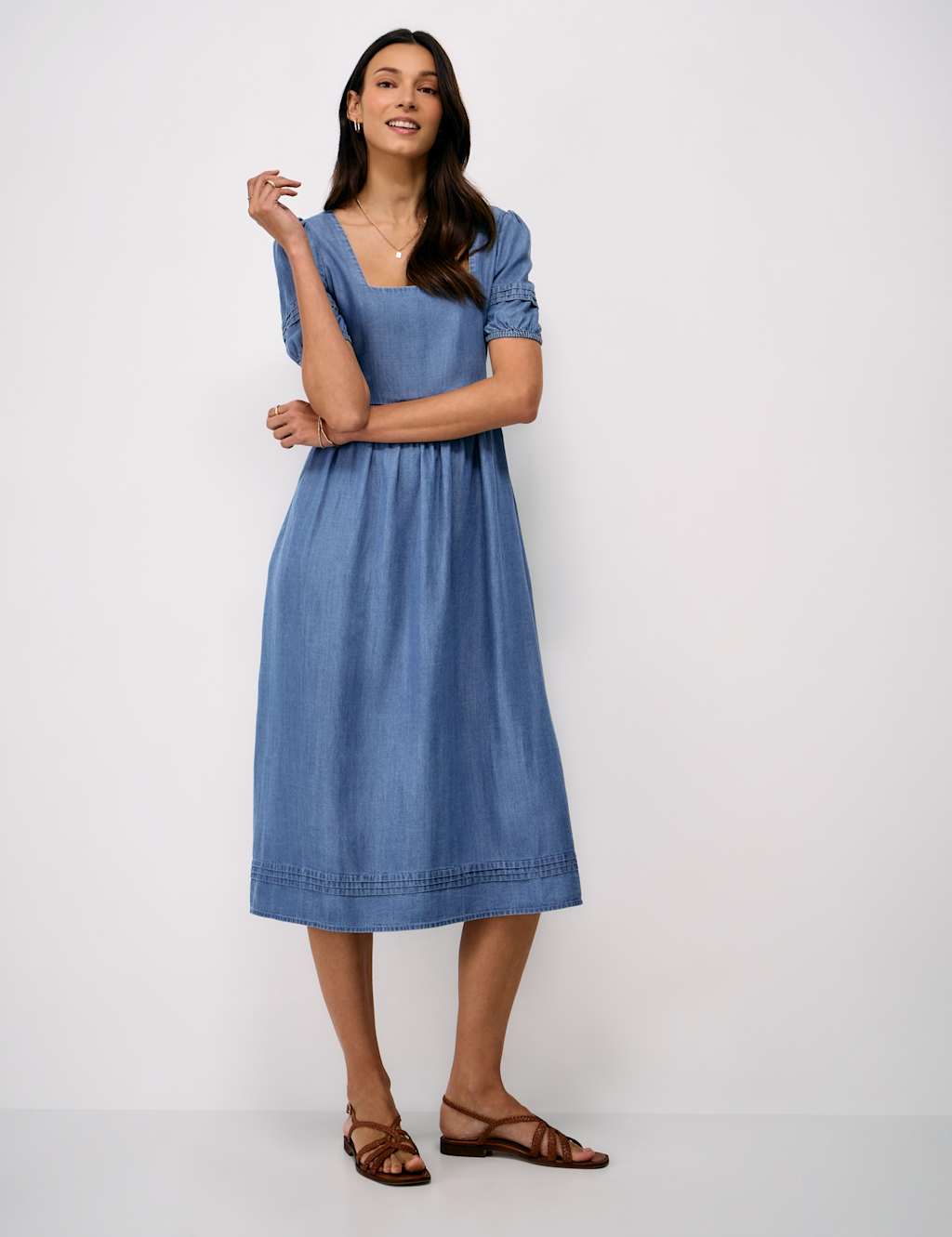 Crew Clothing Women's Pure Lyocell Square Neck Midi Tea Dress - 14 - Denim - Available at M&S