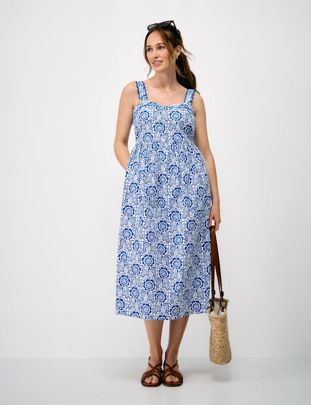 Crew Clothing Women's Pure Cotton Floral Midi Waisted Dress - 10 - Blue Mix - Available at M&S