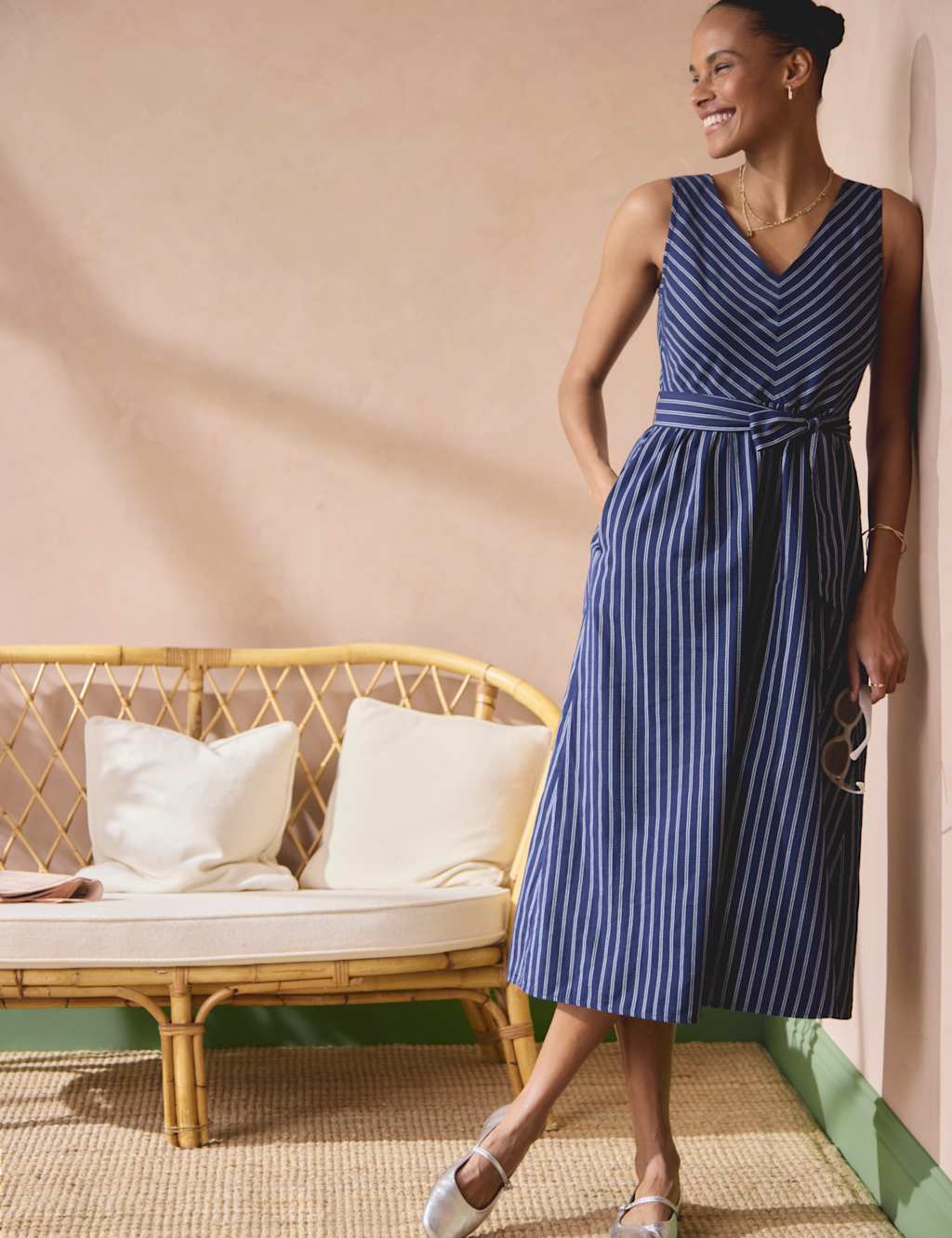 Crew Clothing Women's Pure Cotton Striped Midi Skater Dress - 14 - Blue Mix - Available at M&S