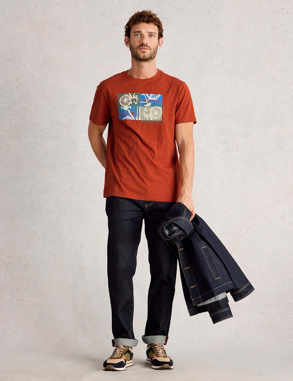 White Stuff Pure Cotton Bike Collage Graphic T-Shirt Orange Mix