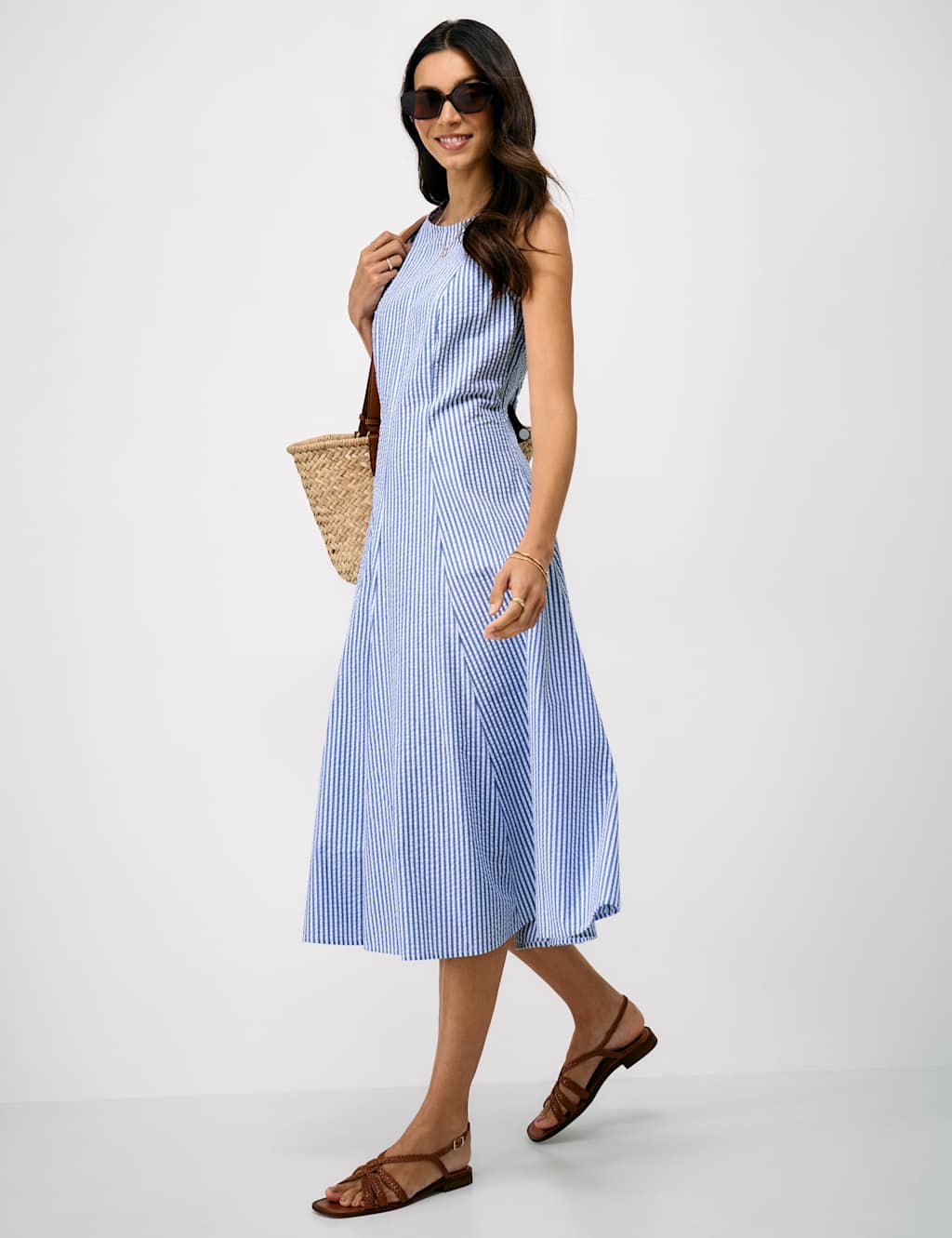 Crew Clothing Women's Pure Cotton Striped Midi Skater Dress - 18 - Blue Mix - Available at M&S