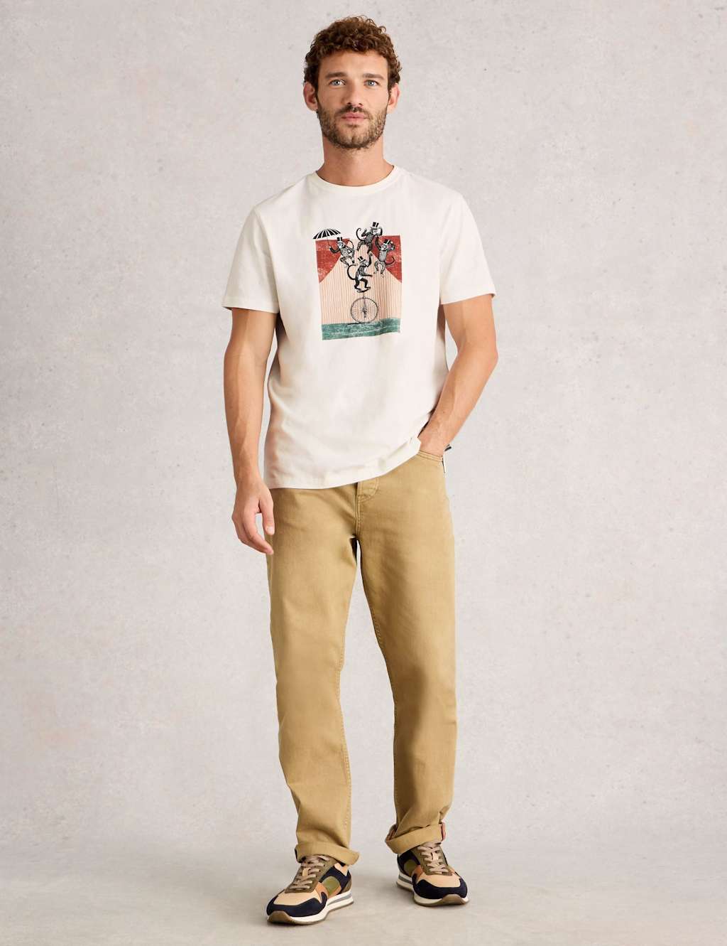 White Stuff Pure Cotton Monkey Graphic T-Shirt White Mix