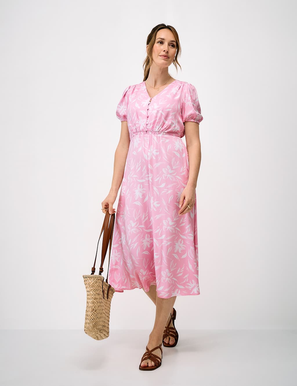 Crew Clothing Women's Floral V-Neck Puff Sleeve Midi Tea Dress - 6 - Pink Mix - Available at M&S