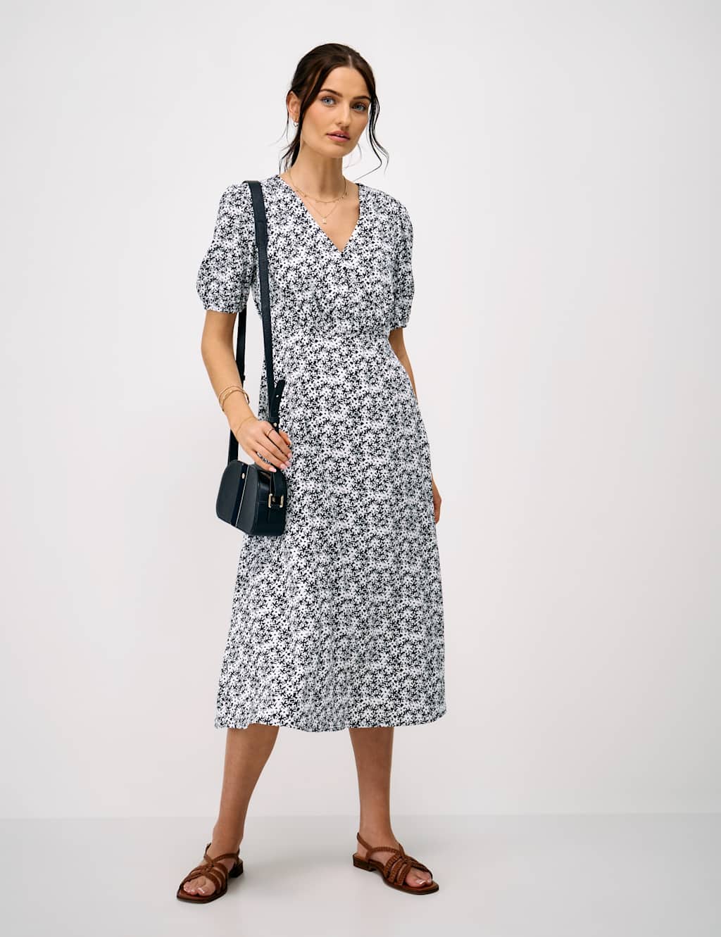 Crew Clothing Women's Floral V-Neck Puff Sleeve Midi Tea Dress - 16 - Navy Mix - Available at M&S