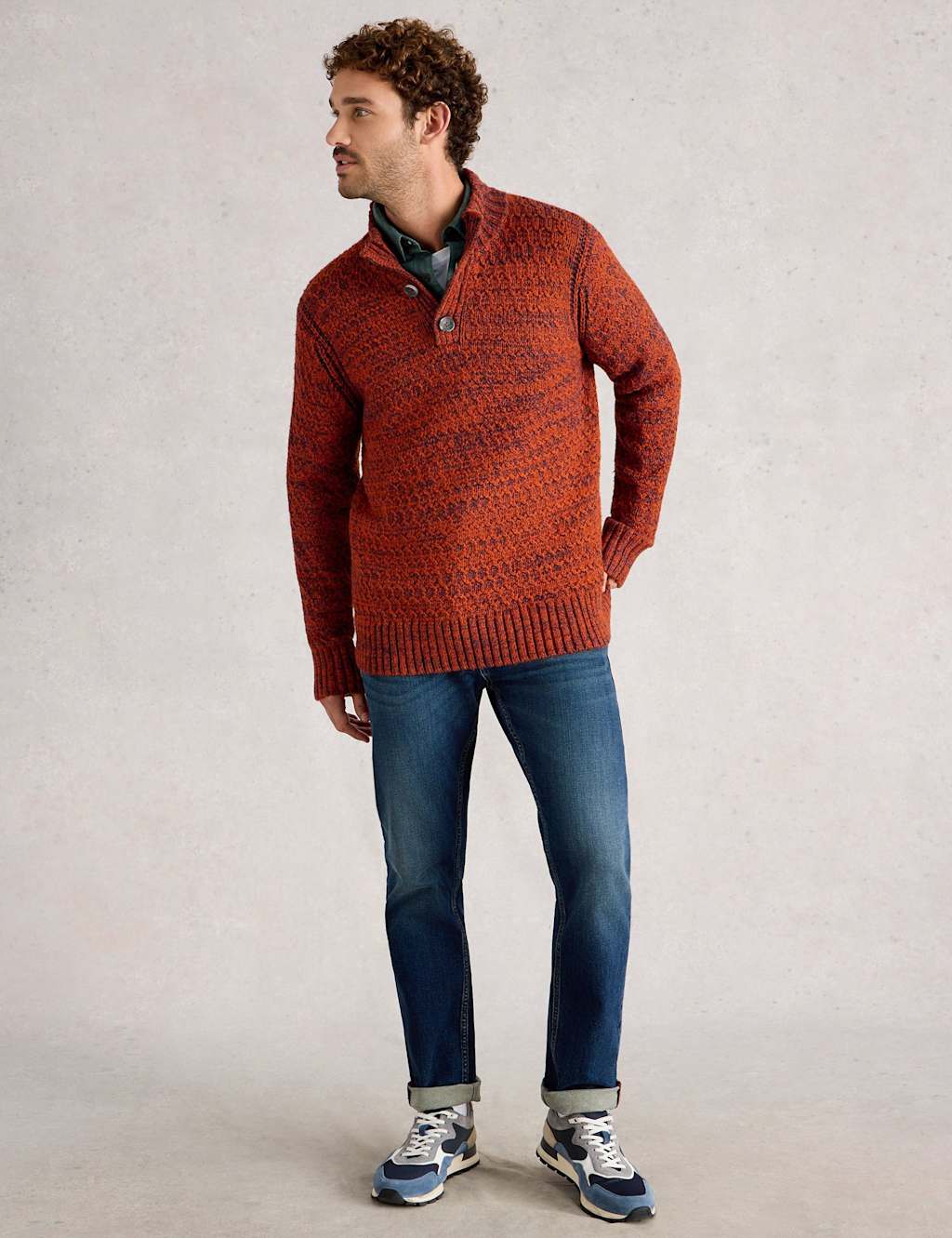 White Stuff Cotton Rich Twisted Knit Button Neck Jumper Orange