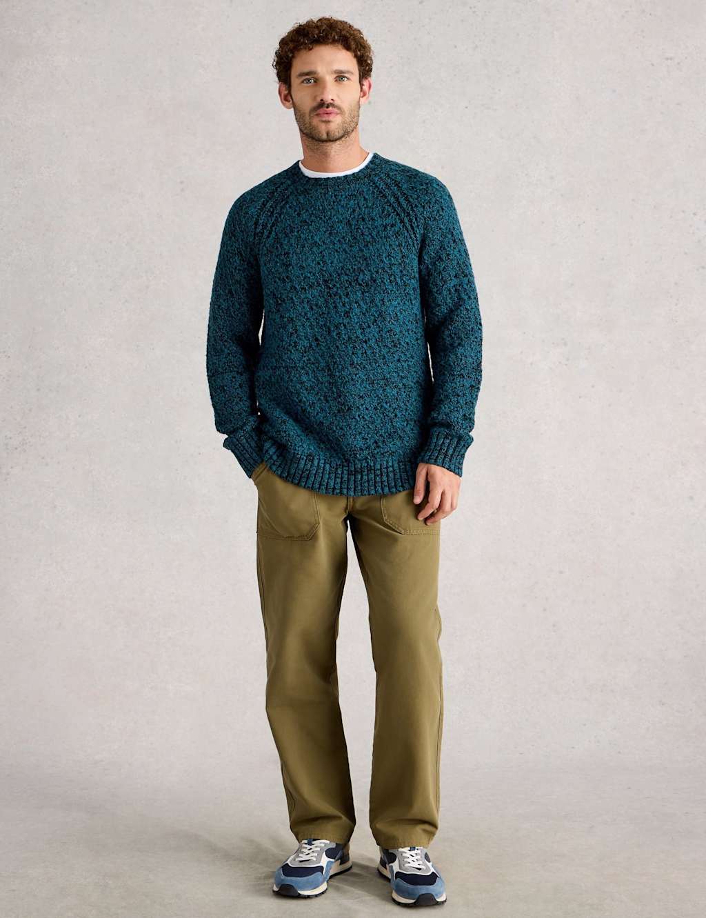 White Stuff Cotton Rich Twisted Knit Crew Neck Jumper Blue Mix