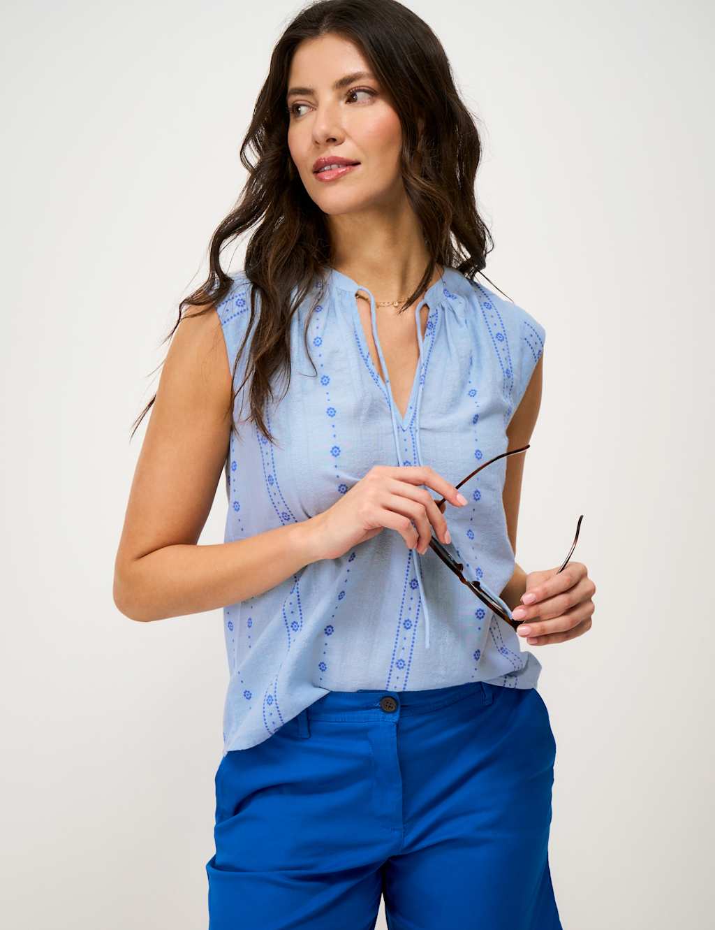 Crew Clothing Women's Cotton Blend Striped Tie Neck Blouse - 8 - Light Blue - Available at M&S