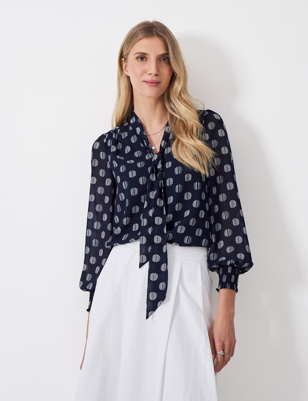 Crew Clothing Women's Chiffon Spot Print Tie Neck Blouse - 10 - Navy - Available at M&S