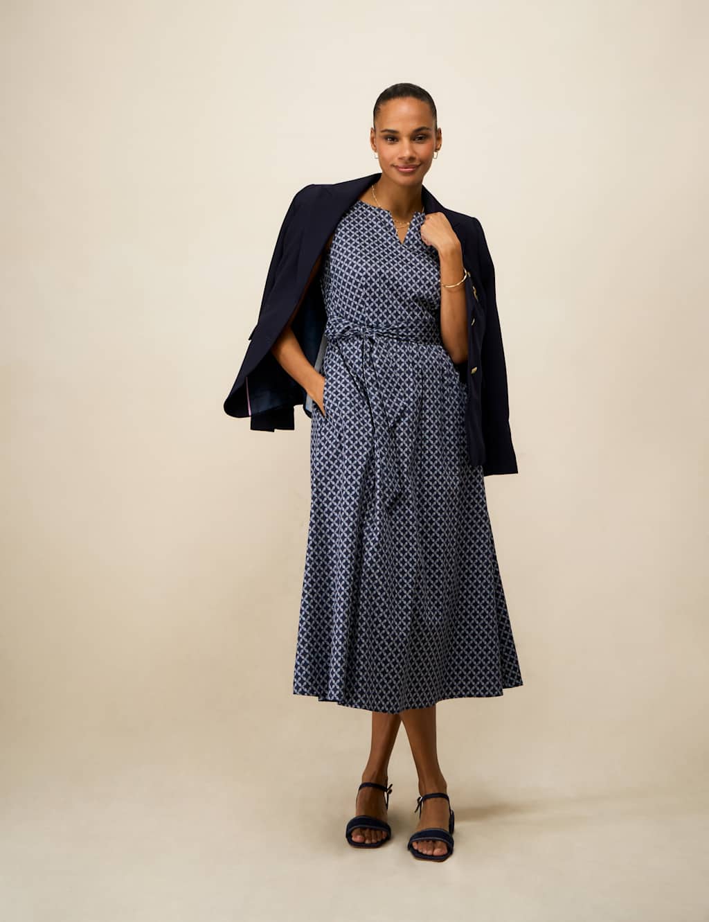 Crew Clothing Women's Cotton Rich Geometric Notch Neck Midi Dress - 10 - Navy - Available at M&S