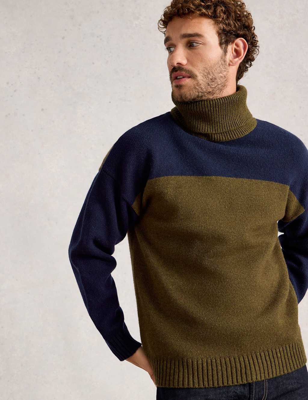 White Stuff Wool Rich Colour Block Roll Neck Jumper Green