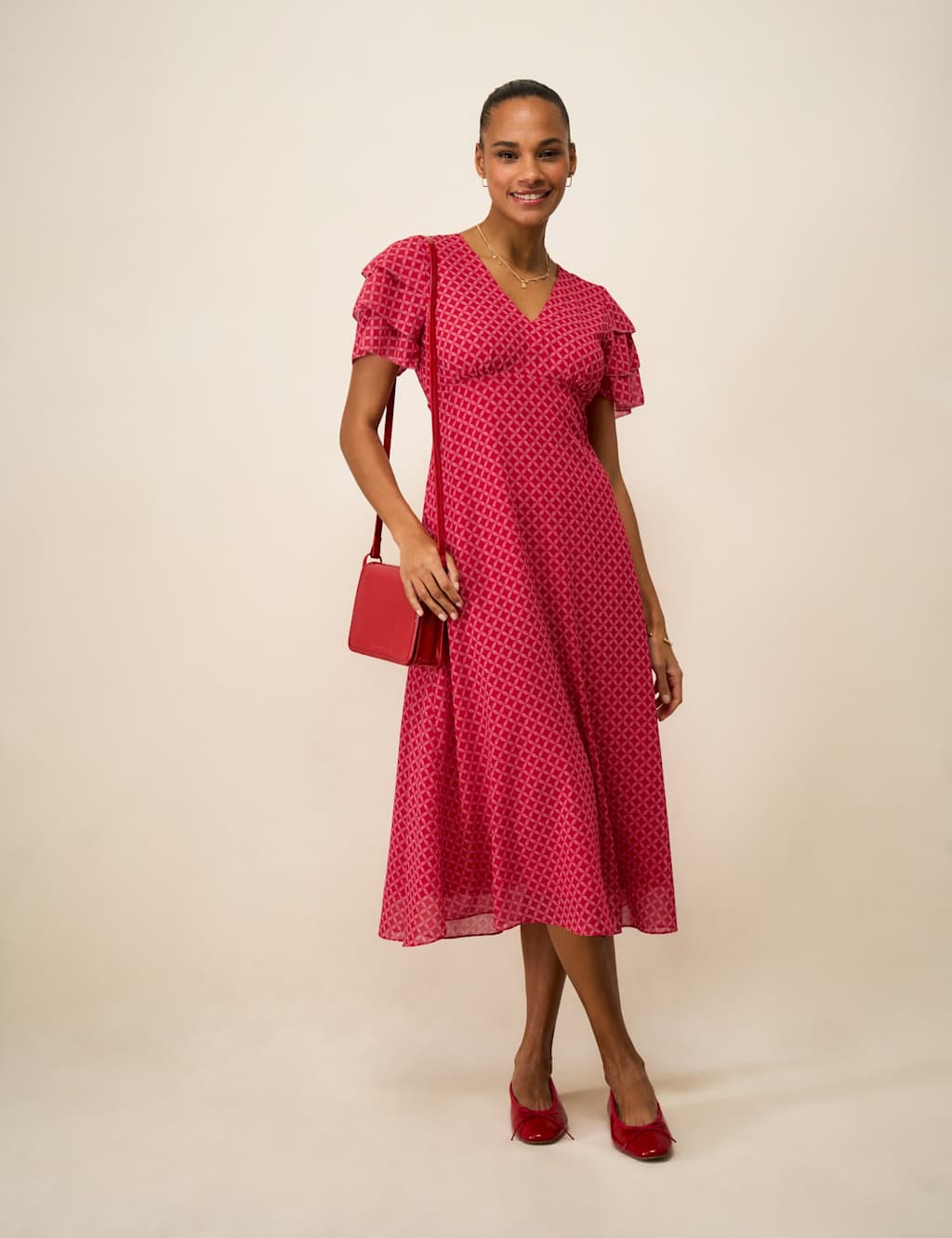 Crew Clothing Women's Geometric V-Neck Midi Tea Dress - 10 - Red Mix - Available at M&S