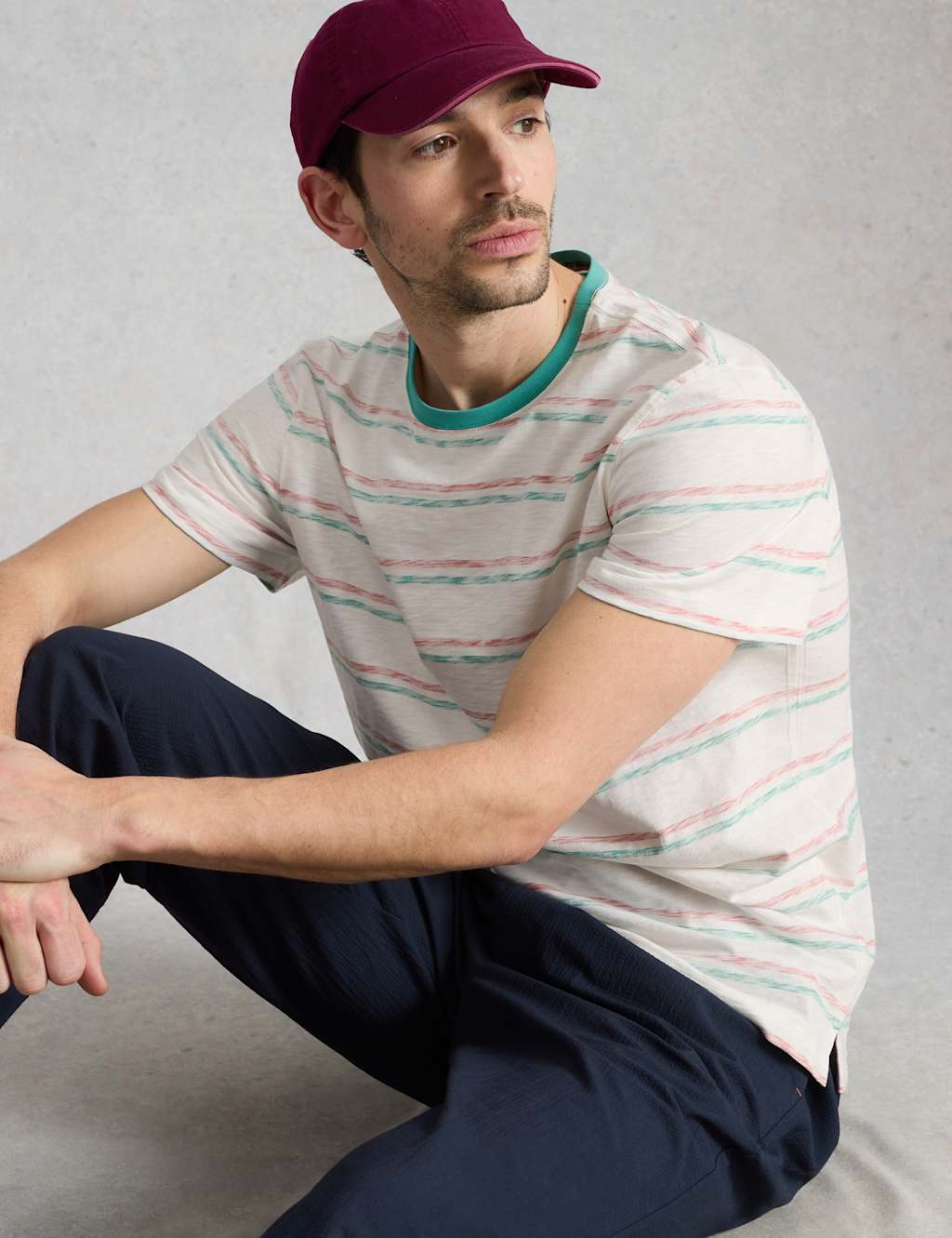 White Stuff Men's Pure Cotton Striped Crew Neck T-Shirt - XL - Green Mix - Available at M&S