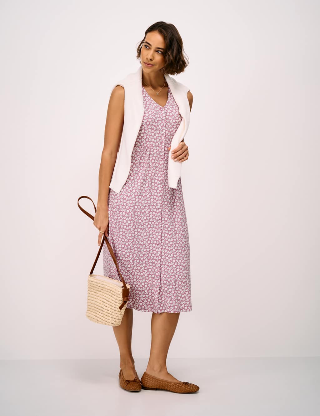 Crew Clothing Women's Jersey Floral V-Neck Midi Tea Dress - 16 - Pink Mix - Available at M&S
