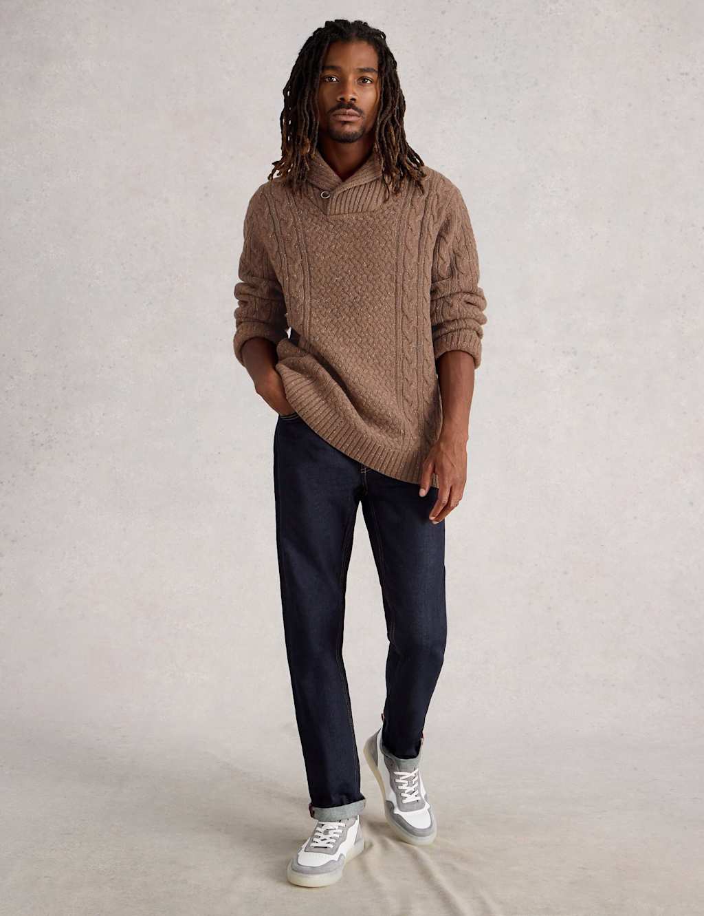 White Stuff Lambswool Rich Textured Shawl Neck Jumper Brown