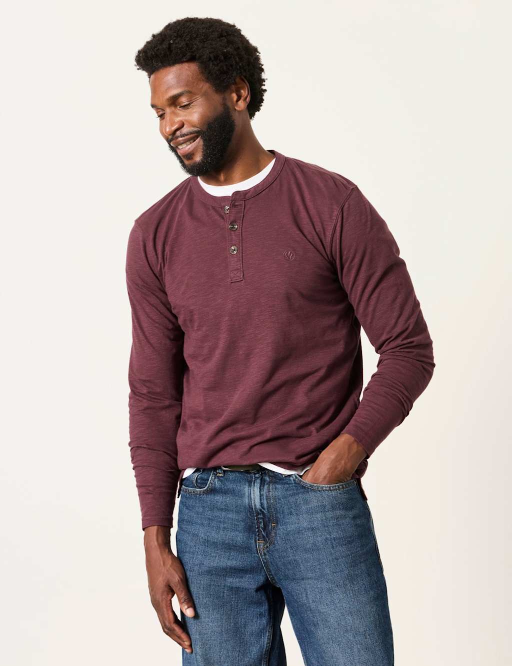Fatface Men's Pure Cotton Henley Long Sleeve Top - L - Plum - Available at M&S