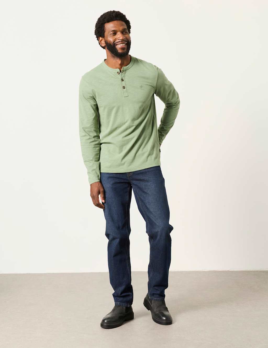 Fatface Men's Pure Cotton Henley Long Sleeve Top - XL - Green - Available at M&S