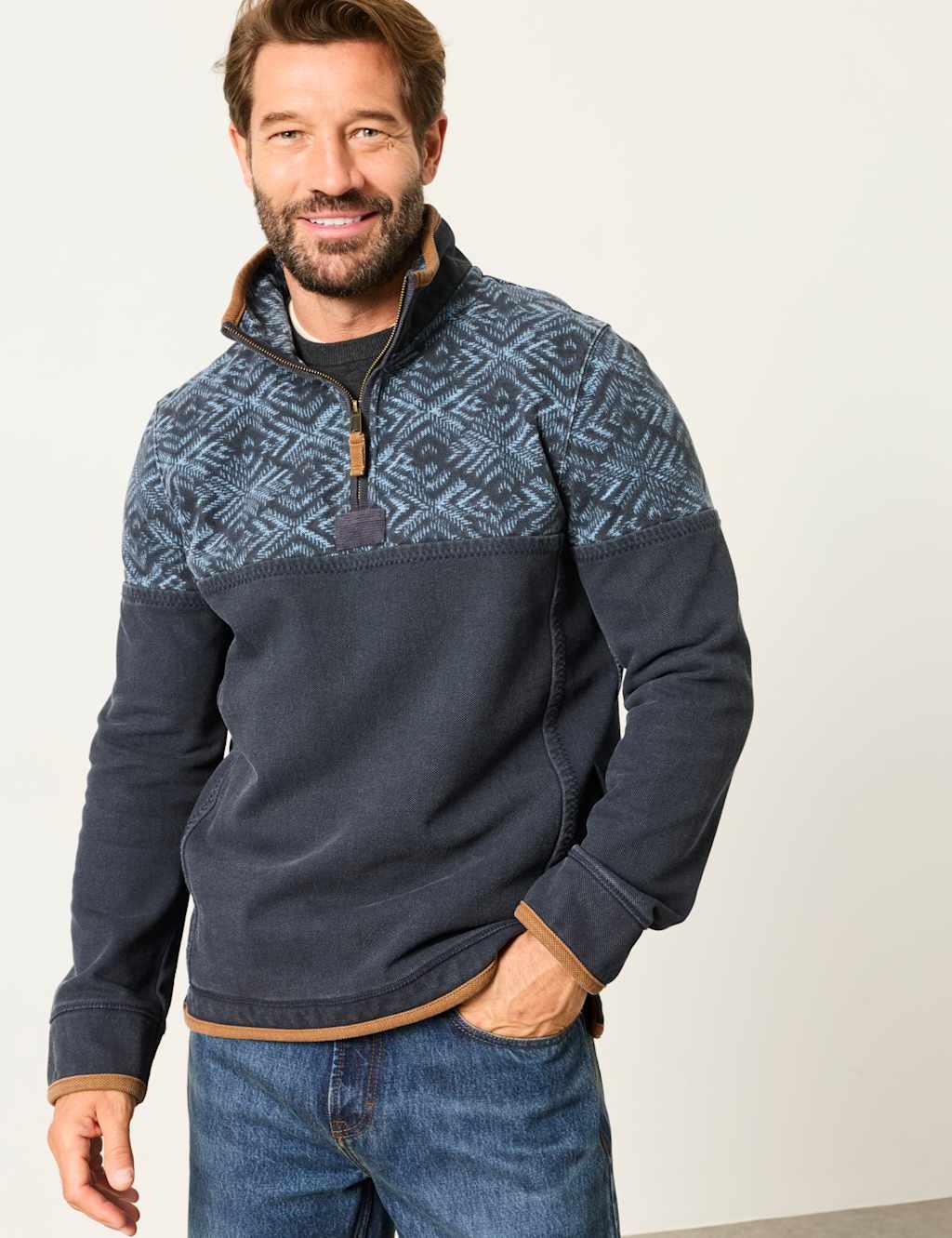 Fatface Men's Cotton Rich Half Zip Airlie Sweatshirt - M - Navy Mix - Available at M&S