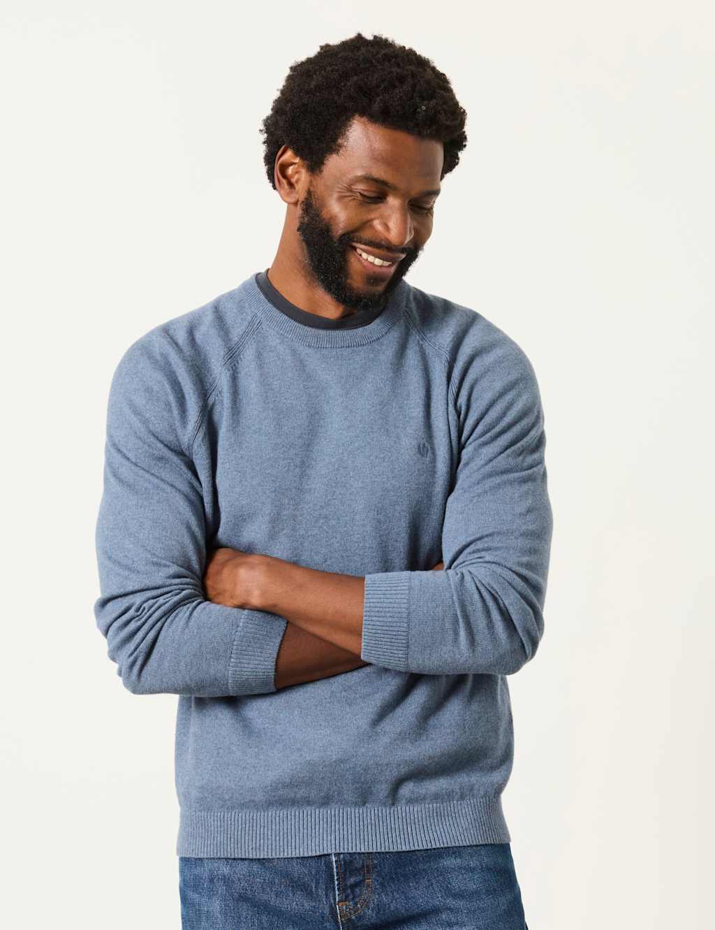 Fatface Men's Cotton Rich Crew Neck Jumper with Cashmere - L - Blue Denim - Available at M&S