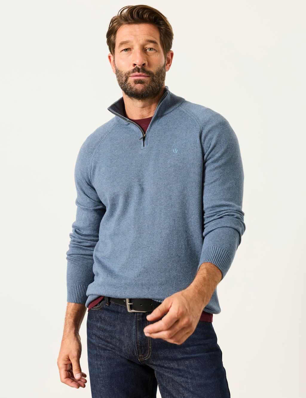 Fatface Men's Cotton Rich Half Zip Jumper with Cashmere - L - Blue Denim - Available at M&S