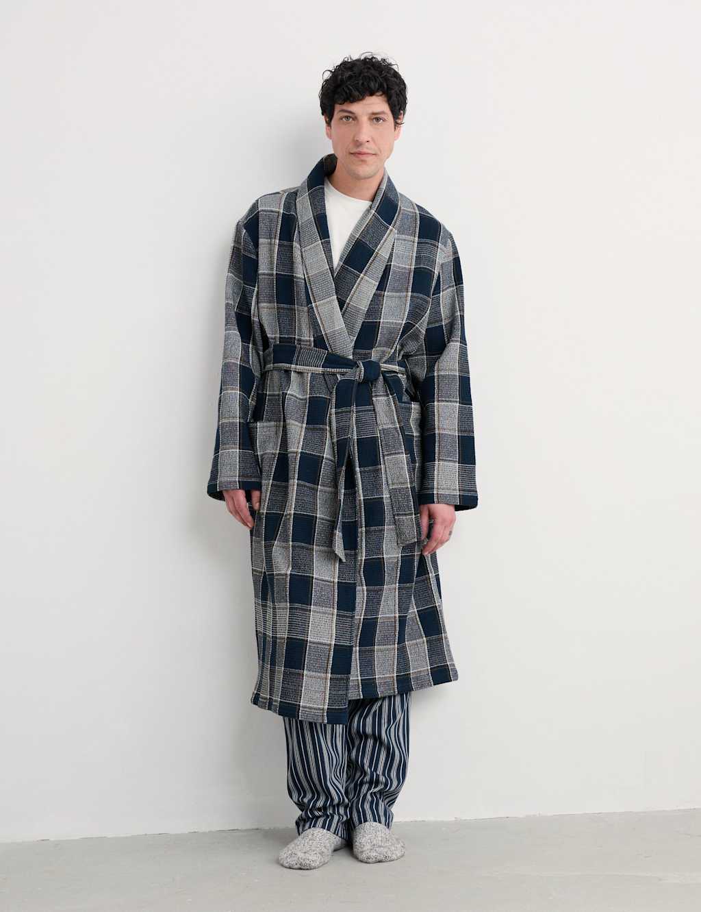 Seasalt Cornwall Pure Cotton Checked Dressing Gown Navy Mix