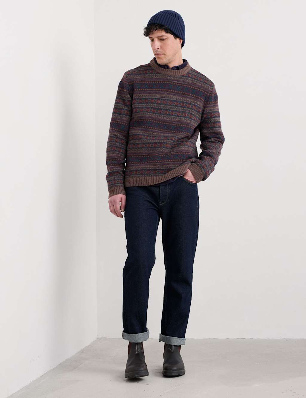 Seasalt Cornwall Lambswool Rich Fairisle Crew neck Jumper Brown Mix