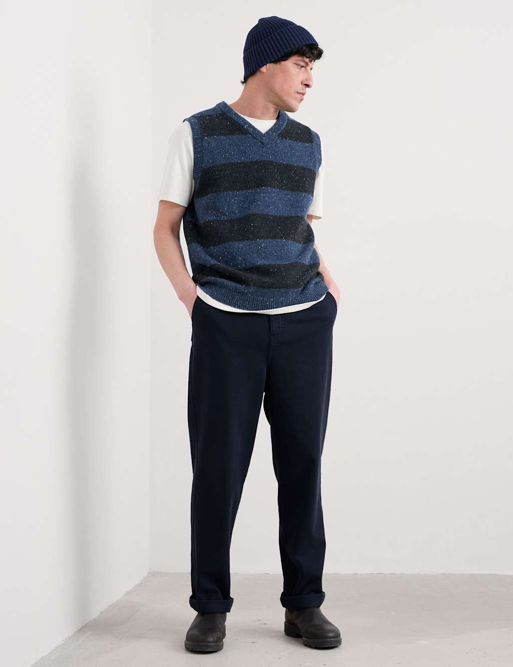 Seasalt Cornwall Lambswool Rich Striped V-Neck Knitted Vest Blue Mix