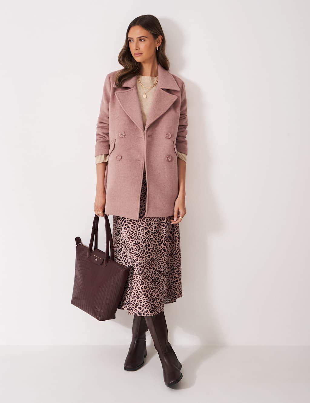 Crew Clothing Wool Blend Double Breasted Peacoat Pink