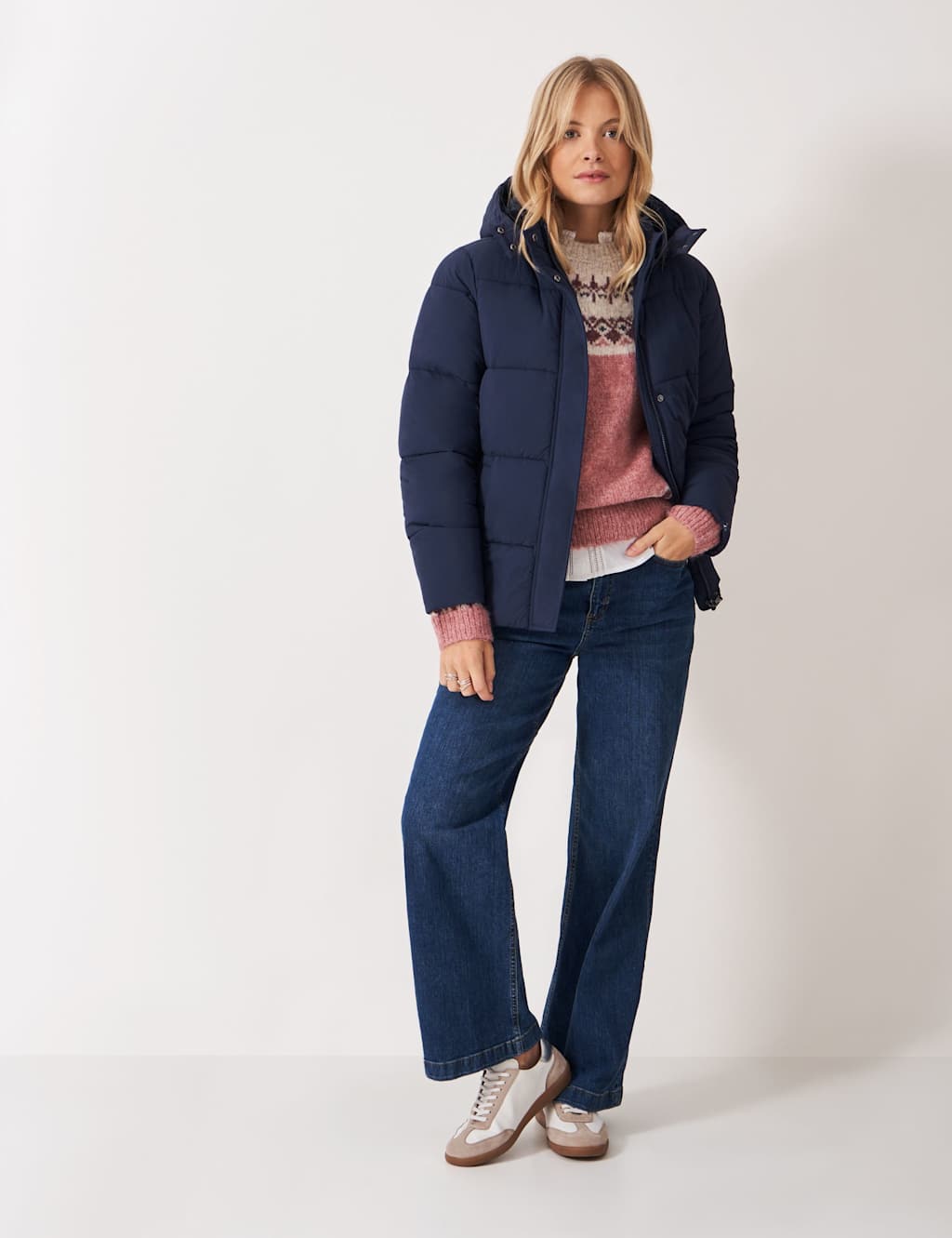 Crew Clothing Hooded Quilted Midweight Padded Puffer Coat Navy