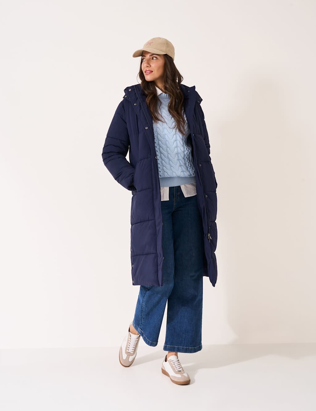 Crew Clothing Padded Hooded Longline Puffer Coat Navy