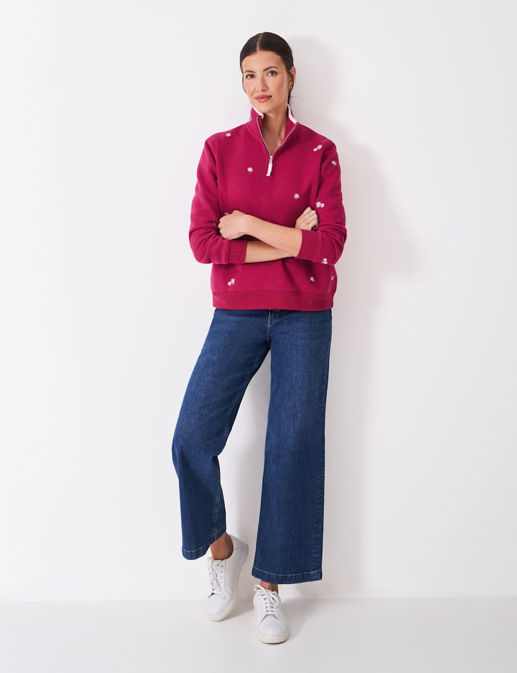 Crew Clothing Cotton Rich Embroidered Half Zip Sweatshirt Red Mix