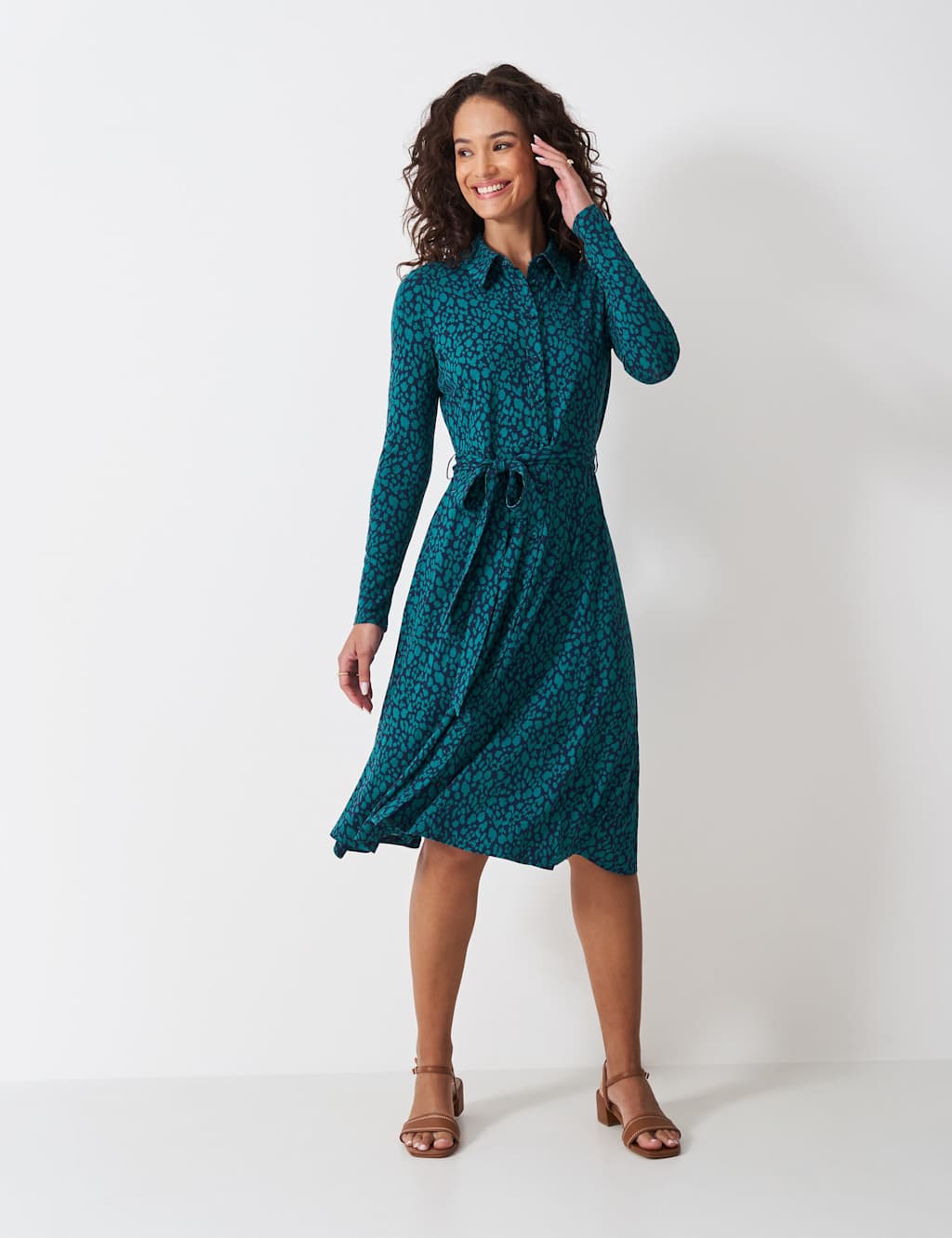 Crew Clothing Jersey Geometric Midi Shirt Dress Green Mix