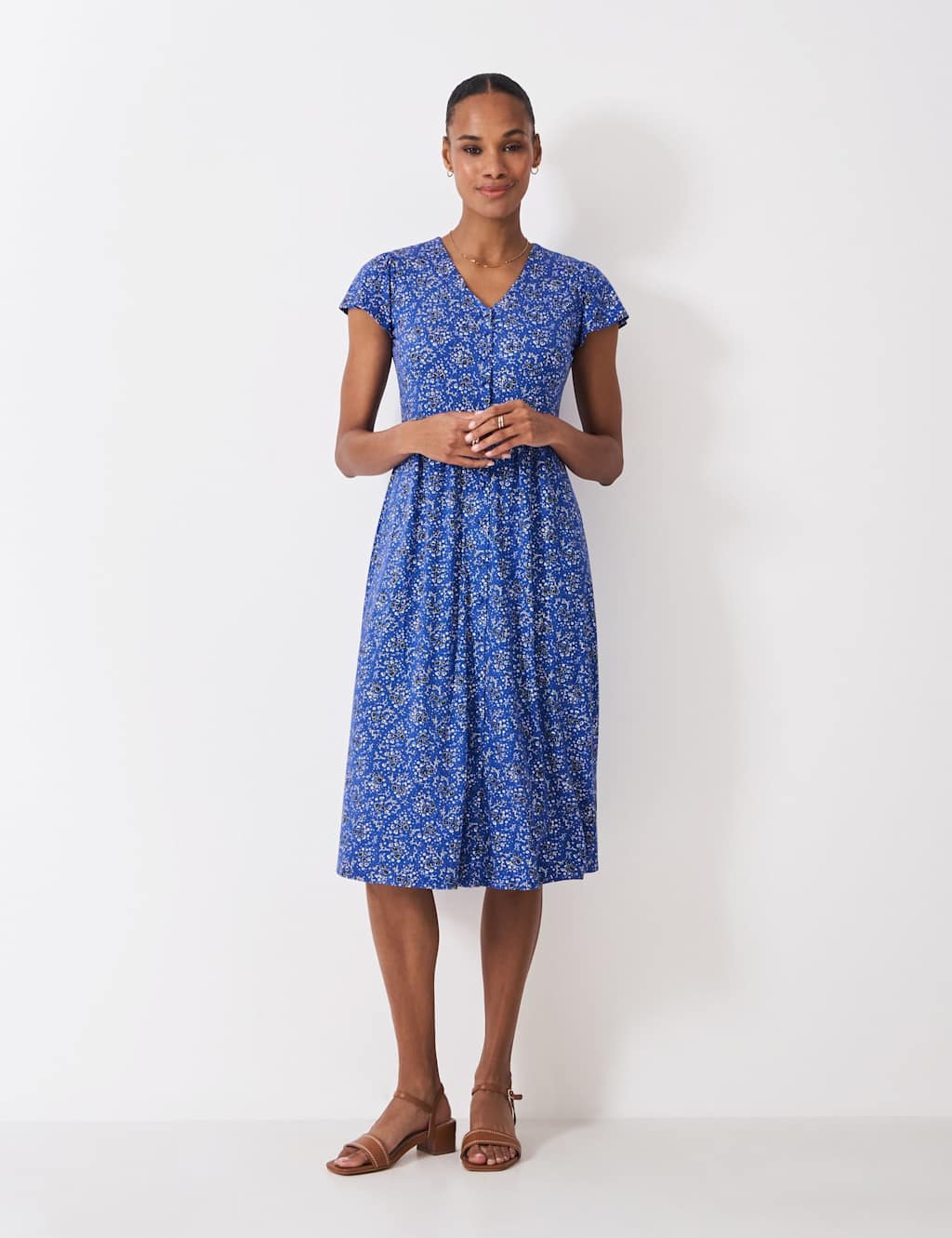 Crew Clothing Jersey Floral V-Neck Midi Tea Dress Blue Mix