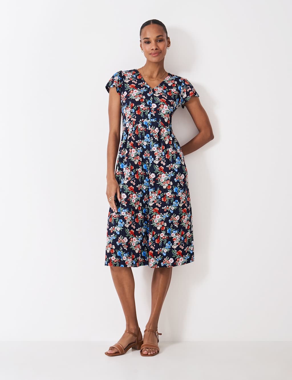 Crew Clothing Jersey Floral V-Neck Midi Tea Dress Navy Mix