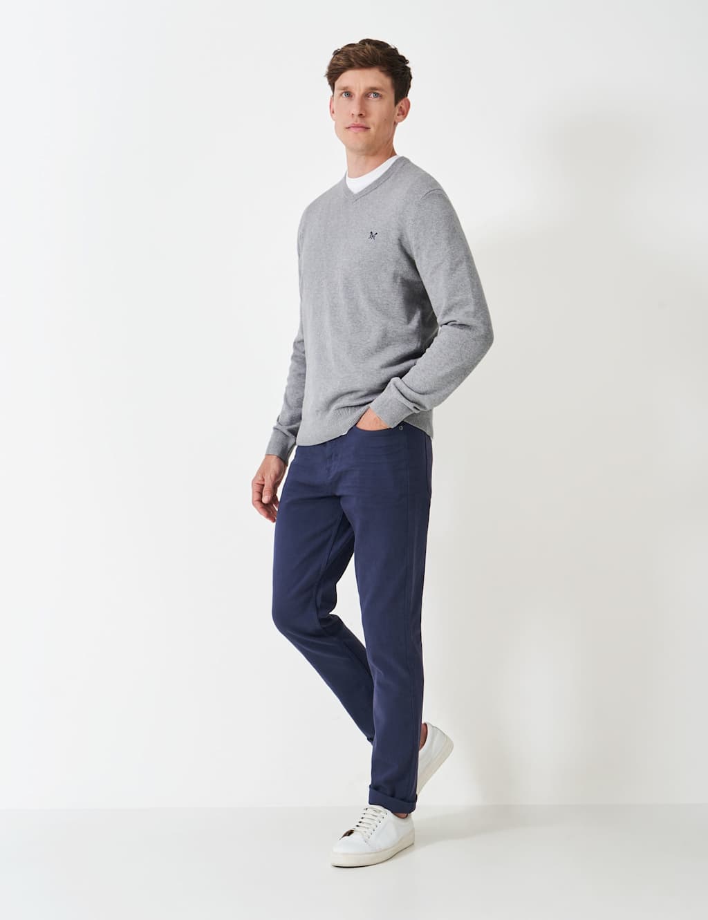 Crew Clothing Pure Cotton V-Neck Jumper Grey Marl