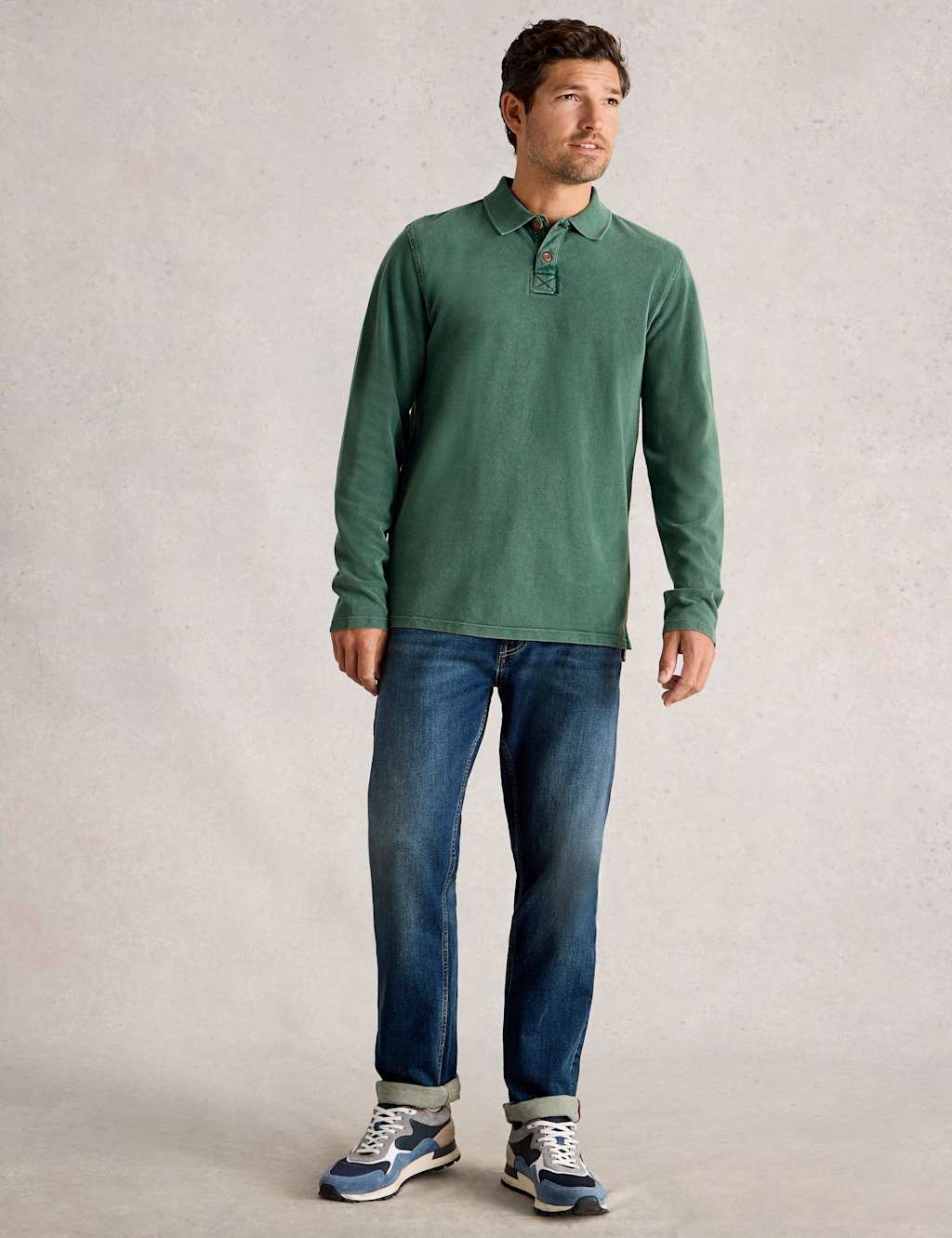 White Stuff Pure Cotton Long Sleeve Polo Shirt Teal