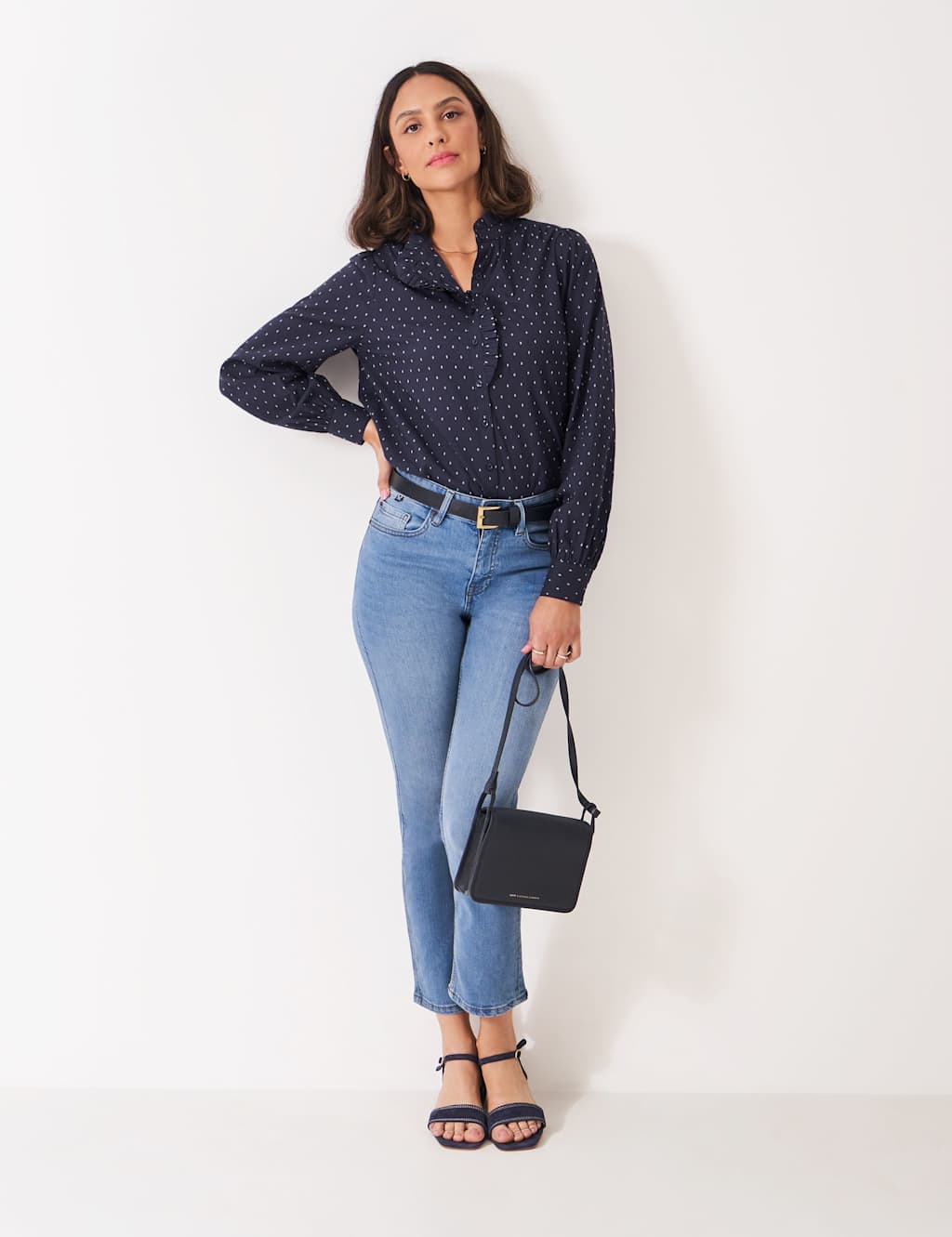 Crew Clothing Cotton Rich Geometric Frill Detail Blouse Light Blue