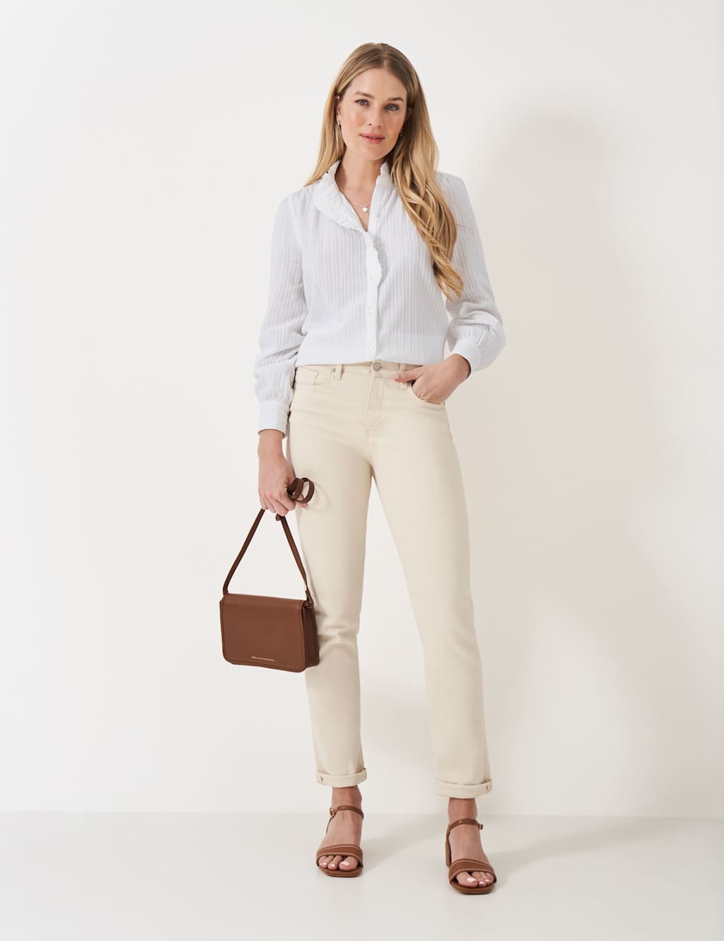 Crew Clothing Pure Cotton Frill Detail Blouse White