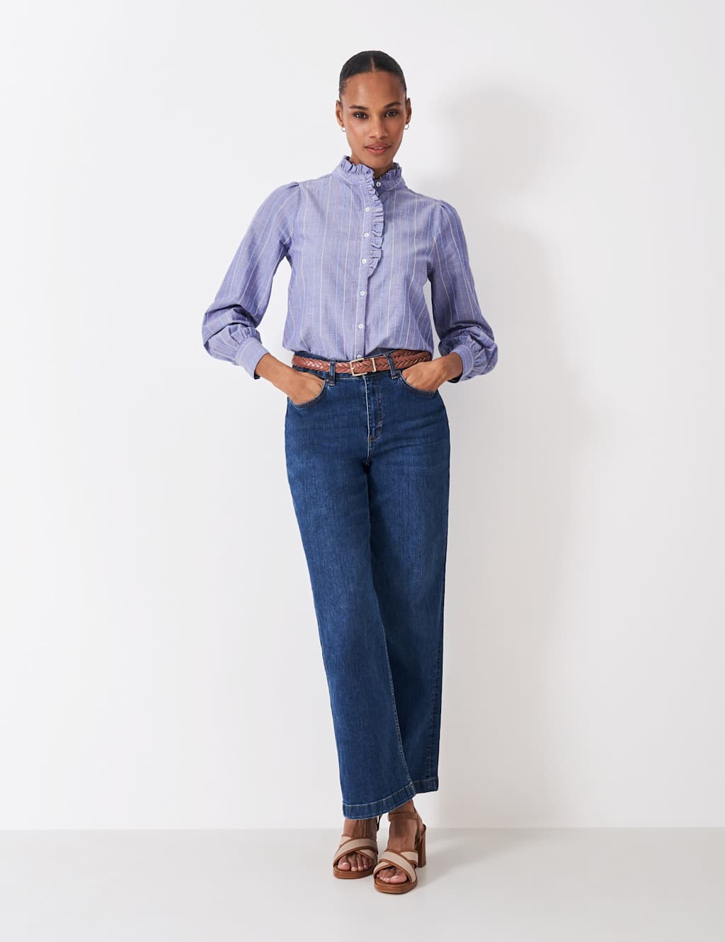 Crew Clothing Pure Cotton Striped Frill Neck Blouse Chambray