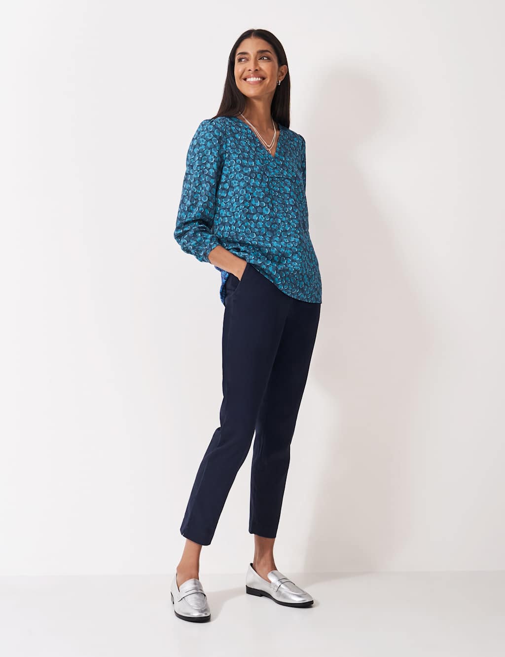 Crew Clothing Animal Print V-Neck Blouse Blue Mix