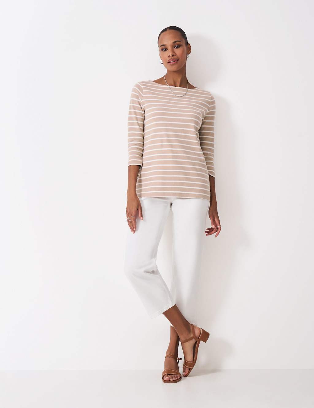 Crew Clothing Pure Cotton Striped Top Beige Mix