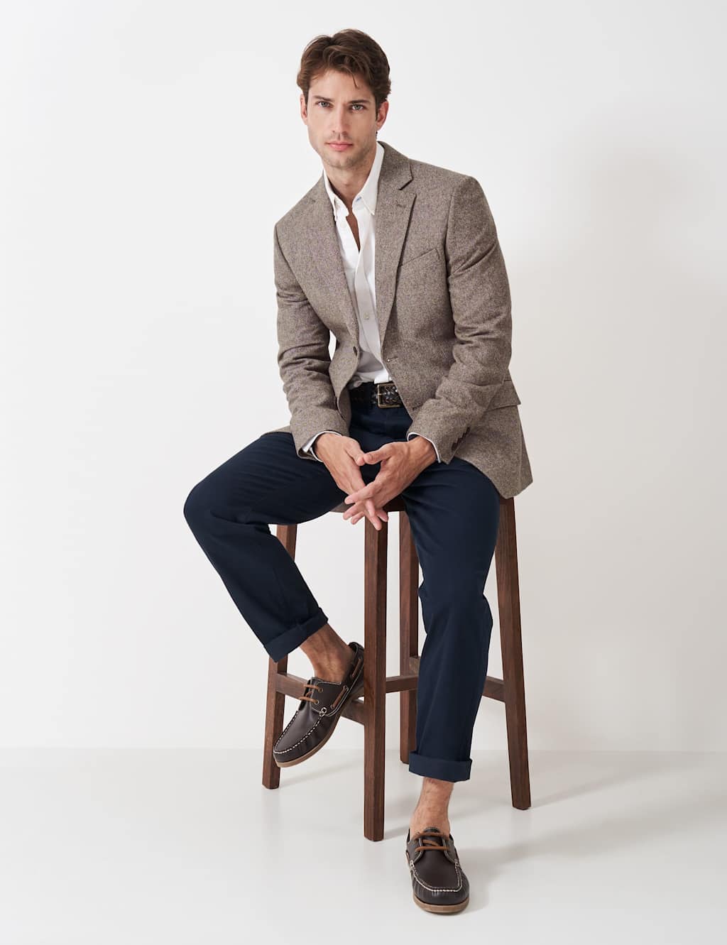 Crew Clothing Regular Fit Wool-Blend Tweed Blazer Beige