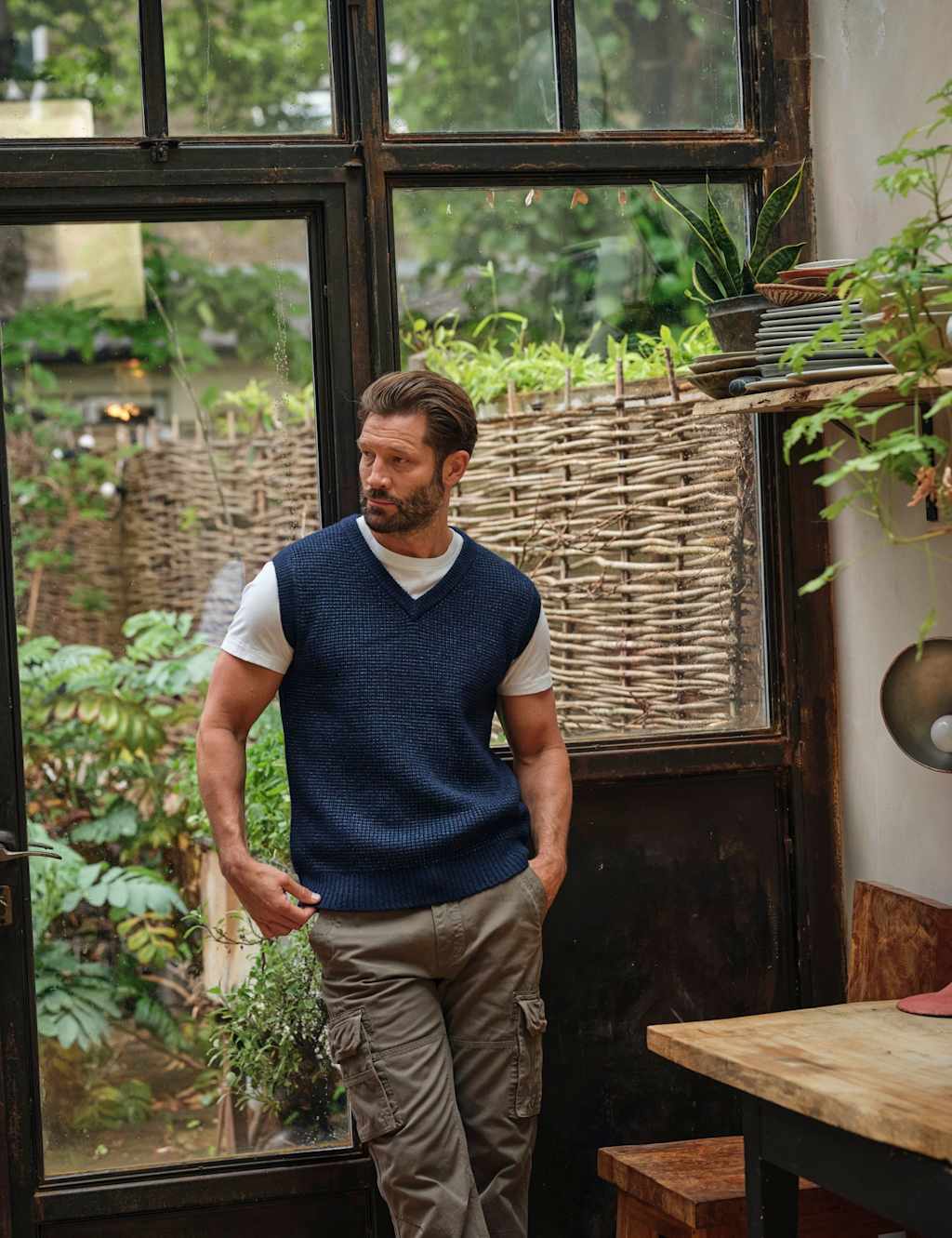 FatFace Textured V-Neck Knitted Vest Navy