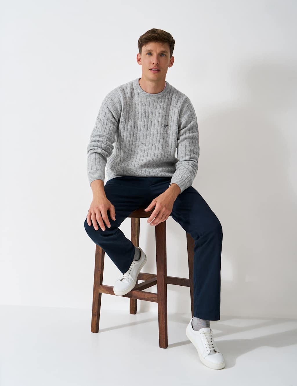 Crew Clothing Pure Lambswool Cable Crew Neck Jumper Grey Marl