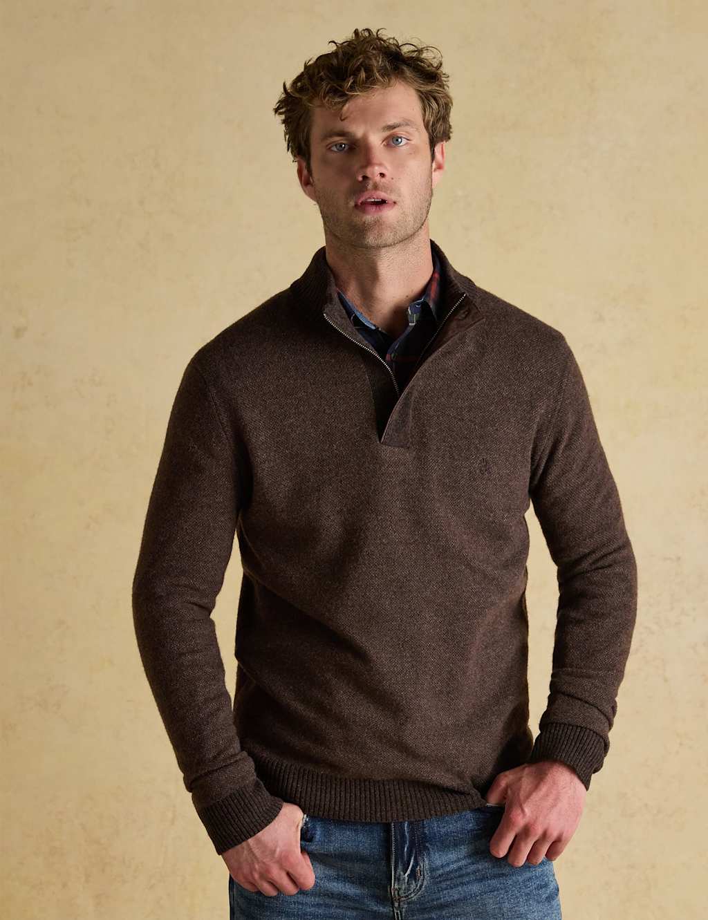 Joules Men's Wool Rich Button High Neck Jumper - XL - Brown - Available at M&S