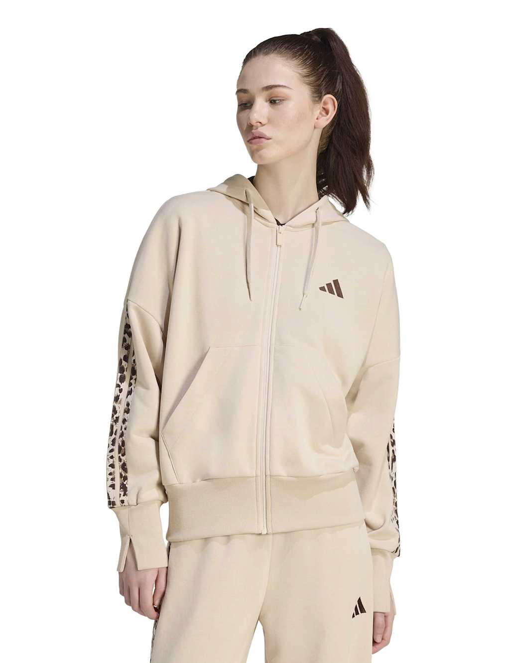 Adidas Women's Seasonal Essentials 3-Stripes Zip Up Hoodie - Small - Beige