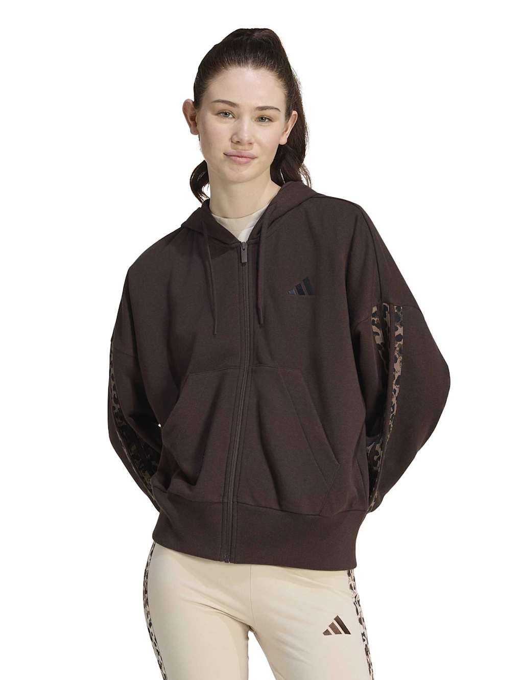 Adidas Women's Seasonal Essentials 3-Stripes Zip Up Hoodie - Medium - Dark Brown