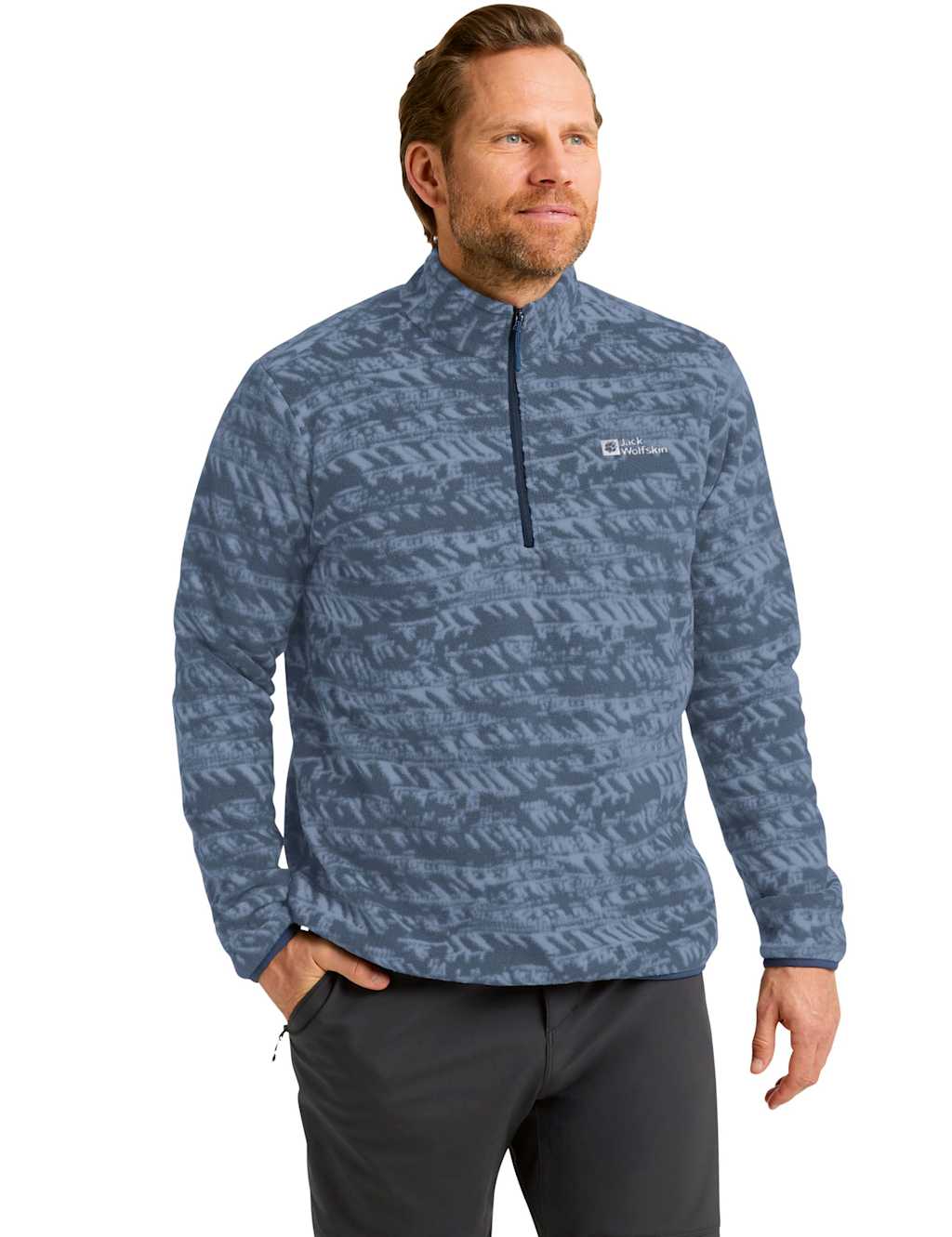 Jack Wolfskin Men's Big Sky Printed Funnel Neck Half Zip Fleece - L - Blue Mix