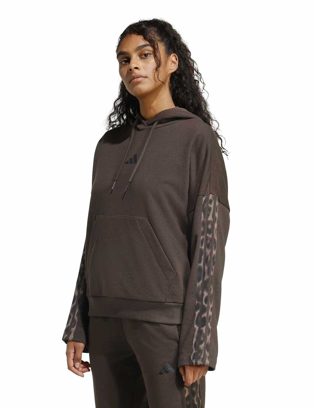 Adidas Women's Leopard Print Sleeve Terry Relaxed Hoodie - Small - Brown