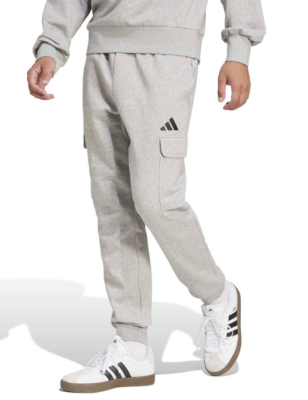 Adidas Men's Essentials Feelcozy Fleece Cargo Joggers - L - Grey Marl